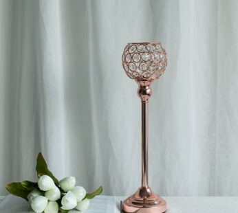 BalsaCircle 16″ Faux Crystal Beaded Candle Holder Rose Gold