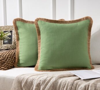 Phantoscope Linen Tassel Trimmed Farmhouse Series Decorative Throw Pillow, 18″ x 18″, Green, 2 Pack