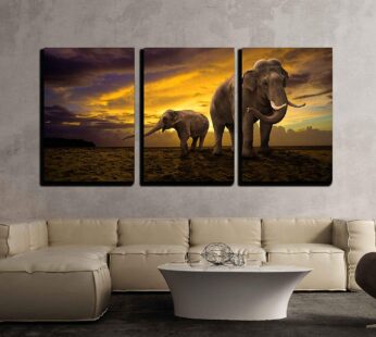 Wall26 – 3 Piece Canvas Wall Art – Elephants Family on Sunset