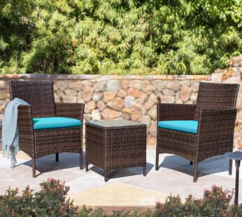 Devoko 3 Pieces Patio Conversation Set Outdoor Furniture Set Patio Bistro Set PE Rattan Wicker Chairs with Table, Brown/ Blue