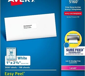 Avery 5160 Easy Peel Address Labels , White, 1 x 2-5/8 Inch, 3,000 Count (Pack of 1)