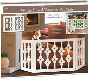 Etna White Floral Wooden Pet Gate – Freestanding Foldable Adjustable 3-Section Dog Gate. Extra Wide, Keeps Pets Safe Indoors/Outdoors – Fully Assembled