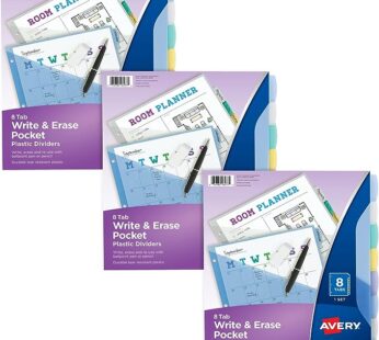 Avery Write & Erase Pocket Plastic Dividers for 3 Ring Binders, 8-Tab Sets, Multicolor, 3 Binder Divider Sets (31701)