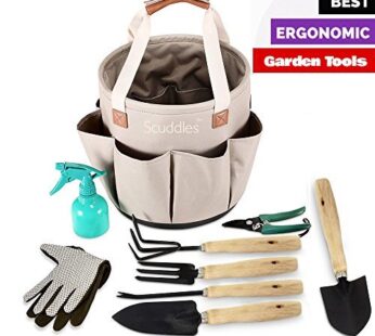 scuddles garden tools set – 9 piece heavy duty gardening tools with storage organizer